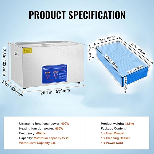 VEVOR Ultrasonic Professional Cleaner, 30 L Ultrasound Jewelry Cleaner with Digital Timer & Heater, Stainless Steel Industrial Sonic Cleaner 40kHz for Glasses, Watches, Rings, Small Parts