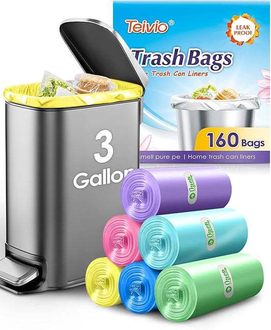 Small Trash Bags 3 Gallon 160 Count Strong Trash Bags Colorful Small Garbage Bags, Trash Can Liners for Bathroom Home Office Kitchen Bedroom, fit 5-10 Liter, 1,1.2,1.6,2,2.6,3 Gal,Multicolor