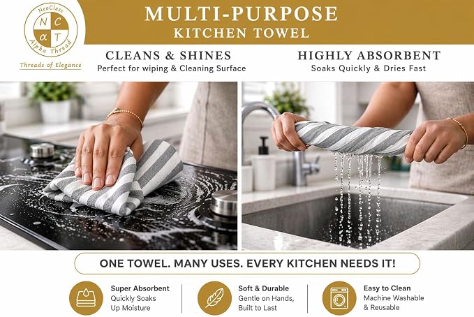 Pack of 6 Cotton Kitchen Towels Set, Dish Towels, Cleaning Rags, Kitchen Dish Cloths for Washing Dishes, Cotton Cleaning Cloths, Ultra Soft, Lightweight & Quick Dry, Slub Weave, 28" x 18" (Gray)