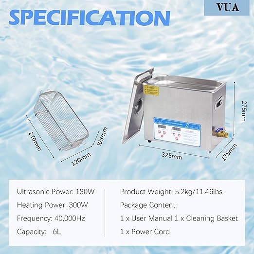 VUA 6L Commercial Ultrasonic Cleaner with Digital Timer & Heater, Professional Ultrasonic Parts Cleaner, Ultra Sonic Cleaning Machine with 300W Heated Cleaner for Glasses Industrial Parts Tools Lab