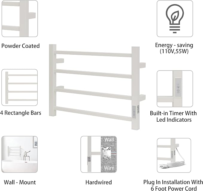 KEG Towel Warmer 4 Bars for Bathroom Wall Mounted Bath Towel Heater Hardwired and Plug-in with Built-in Timer White Square white TW-4s-W Towel warmer 4 bars white