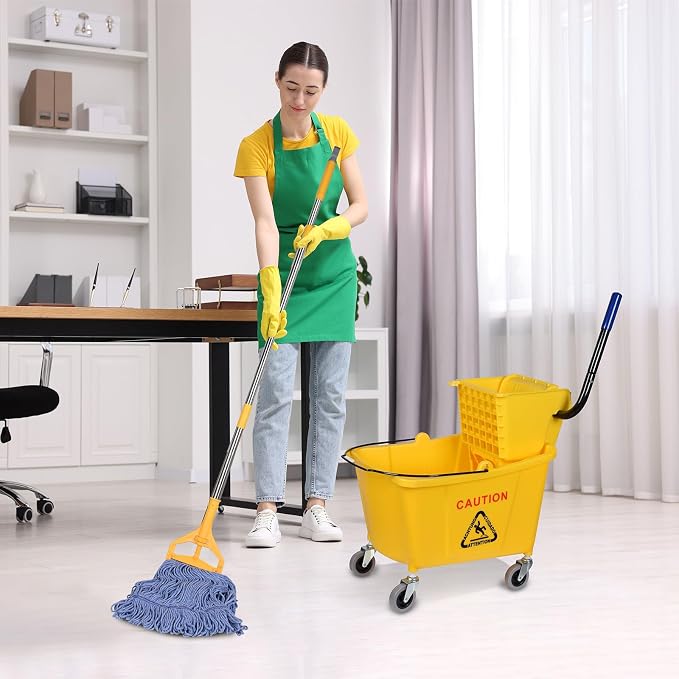 Side-Press Wringer Commercial Mop Bucket on Wheels, 35-Quart, Yellow Mop Bucket for Professional/Industrial/Business Heavy-Duty Floor Cleaning/Mopping