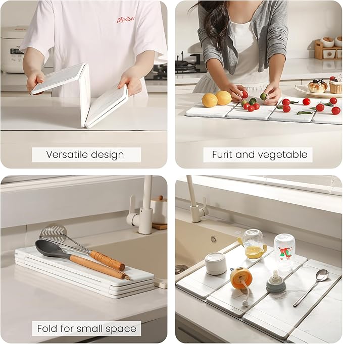 Large Stone Drying Mat for Kitchen Counter, Easier Cleanup - Smart hinge design, Quick-Dry Non-Slip Counter Protector for Dishes, Cups & Bottles, 24.5" x 16"