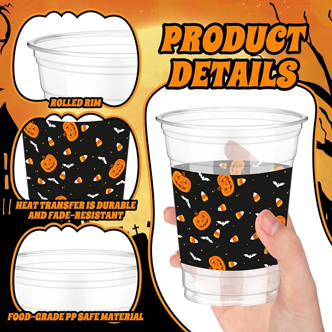 Bokon 100 Pcs Candy Corn Halloween 12 oz Plastic Cups Disposable Cocktail Glasses Happy Halloween Cute Disposable Cups for Coffee Juice Hot Cold Drinks Party Supplies(Black, Candy Corn)