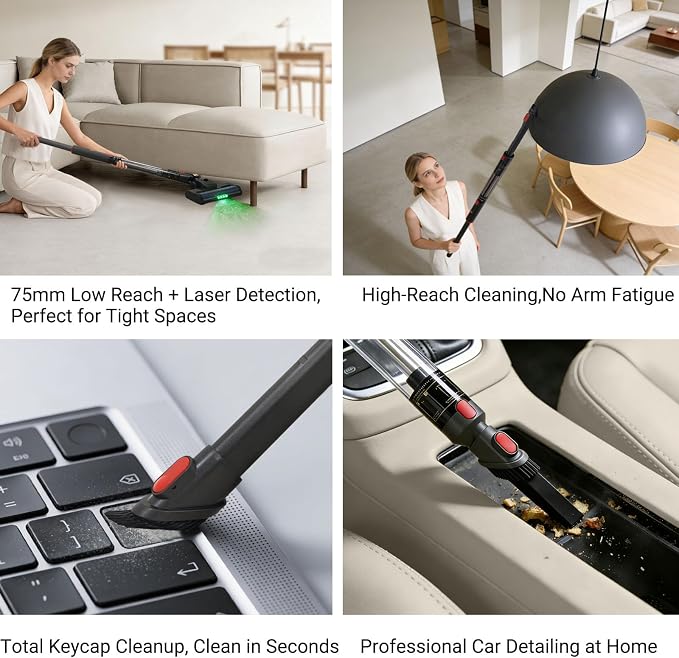 EZ SPARES Ultra-Light Handheld Stick Vacuum Cleaner,Featherweight Stick Cordless Vacuum,Lightweight Vacuum with Crevice Tool for Ceiling,Shelves,Corners,LED-Brushhead,Rechargeable(Pencil-Style,Grey)