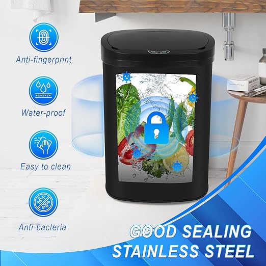 24/7 Shop at Home Freeway 13 Gallon Metal Household Trash Can Motion Sensor Lid for Kitchen, Black