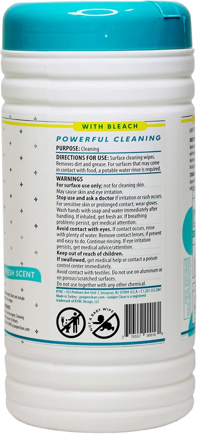 Juniper CLEAN 6 Pack Surface Cleaning Wipes with Bleach, All-Purpose Cleaner for Bathroom, Kitchen, Office, 450 Count Canister, Fresh Scent, 7.5" x 7" Sheet, Lint Free & Durable