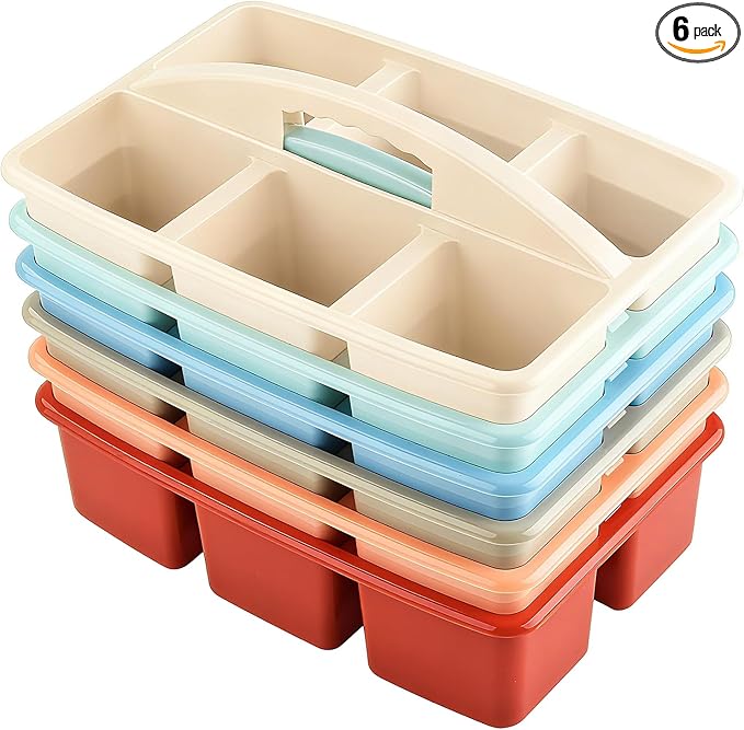 ALINK Plastic Classroom Caddy with 6 Compartments, 6-Pack Teacher Supply Storage Caddy Organizer for Classroom Supply, Office, Table, Desk, Craft Art, Pencil, Crayon, Marker - Macaron