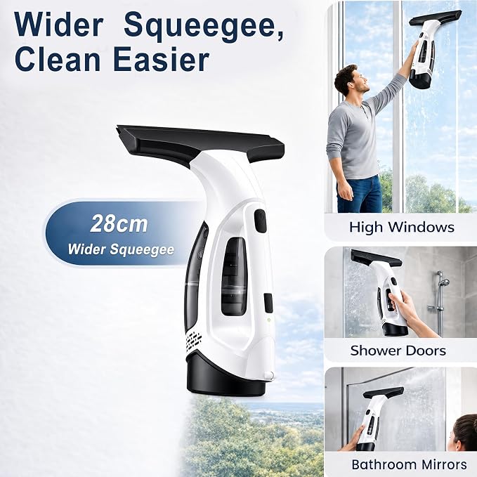Window Vacuum Squeegee Cordless, Electric Window Cleaner Tool with 2000Pa Suction, 2200mAh Rechargeable Battery, 150mL Detachable Tank, 11-Inch Blade for Windows, Shower Doors, Mirrors, Tiles