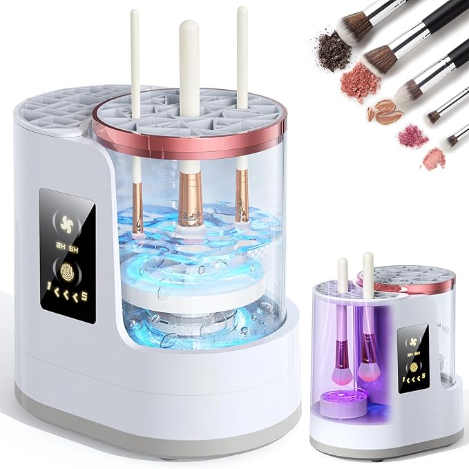 Makeup Brush Cleaner Machine Gray, Automatic Brush Cleaning & Drying Machine with Dual-Direction Cleaning