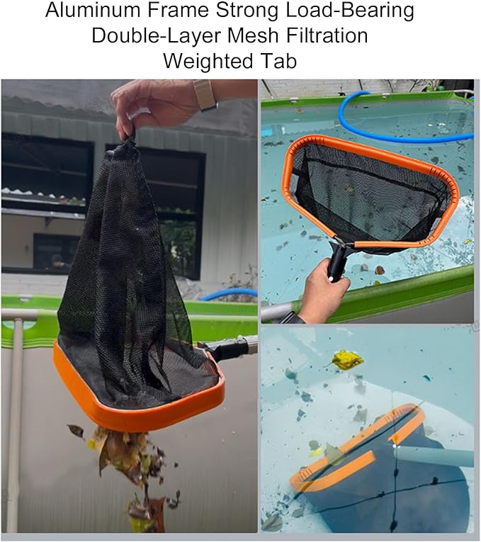 Pool Skimmer Net, Pool Hand Leaf Skimmer Net with Fine Mesh Net Bag, Aluminum Frame Pool Leaf Rake Fine Mesh Frame Net, Fast Debris Pickup Removal