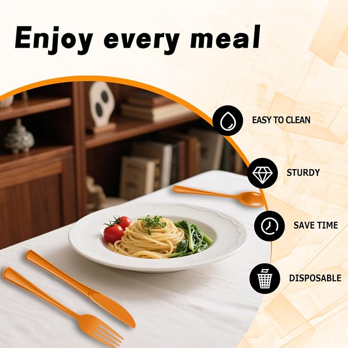 Plastic Silverware 150 PCS Disposable Silverware Heavy Duty Utensil Sets 50 Of Each Forks Knives & Spoons Disposable Cutlery Set For Easter,Birthday,Baby Shower,Garden Party,Wedding(150,Orange)