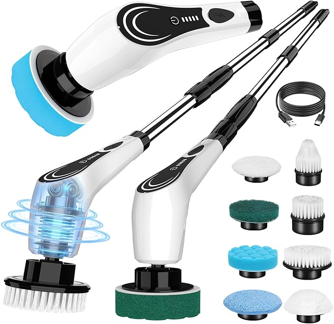 Electric Spin Scrubber, Cordless Power Scrubber with 8 Replaceable Brush Heads, 2-Speed Adjustable Handle, IPX7 Waterproof Shower Scrubber for Bathroom, Tile, Tub, Teens, White-qe1