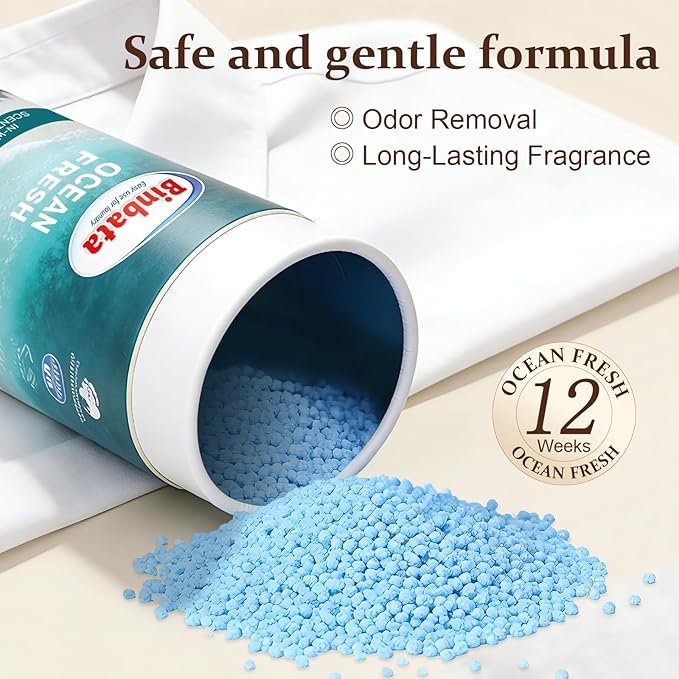 Binbata Eco Scent Beads Laundry 30oz, Gentle In‑Wash Scent Booster Beads with Plastic Free Recyclable Package, Up to 85 Washing Cycles for 12 week Long-Lasting Freshness, Ocean Fresh Scent