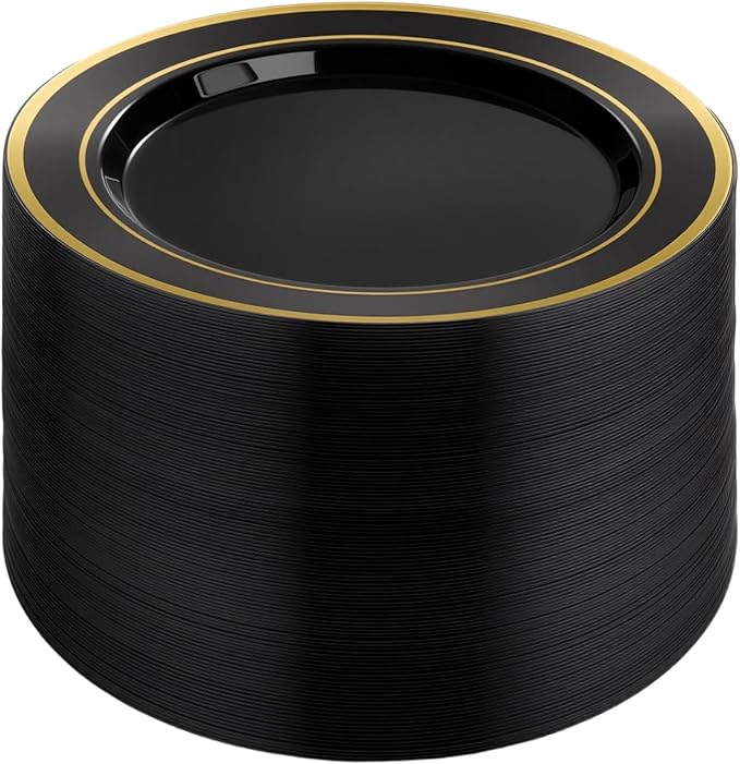 BESTVIP 100PCS Black Plastic Plates, 10.25 Inch Disposable Dinner Plate Party with Gold Rim for Christmas, Thanksgiving, Heavy Duty Disposable Plastic Plates for Party, Wedding and Birthday, Events