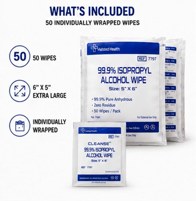 Cleanse 99.9% Isopropyl Alcohol Handy Wipes, 50 Counts Lint Free Non-Abrasive No Water Residue Ideal for Electronics, Household, Work Equipment Safe for Tech Cleaning & Screens (6 x 5 inches)