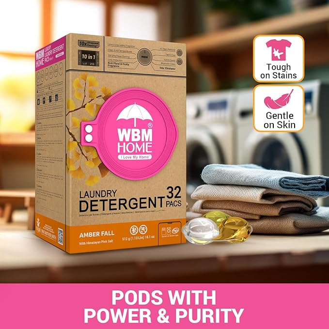 WBM Laundry Detergent Pods, 32 Count | Amber Fall Fragrance | 10 in 1 Laundry pods Detergent Ultra Power Cleaning with Plant-Based Scent, Extra Protection With 4D Stain Remover