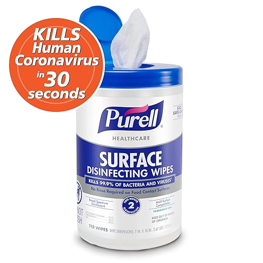 PURELL Healthcare Surface Disinfecting Wipes, 110 Count Canister, 7”x 10” Wipes (Pack of 6) – 9340-06
