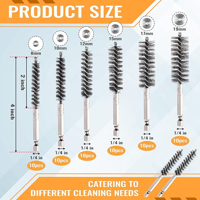 60 Pcs Bore Brush for Drill, Stainless Steel Silver Wire Cleaning Brushes Bulk with 1/4" Hex Shank Copper Pipe Cleaner Drill Attachment for Rust Engine Tube(8/10/12/15/17/19mm)