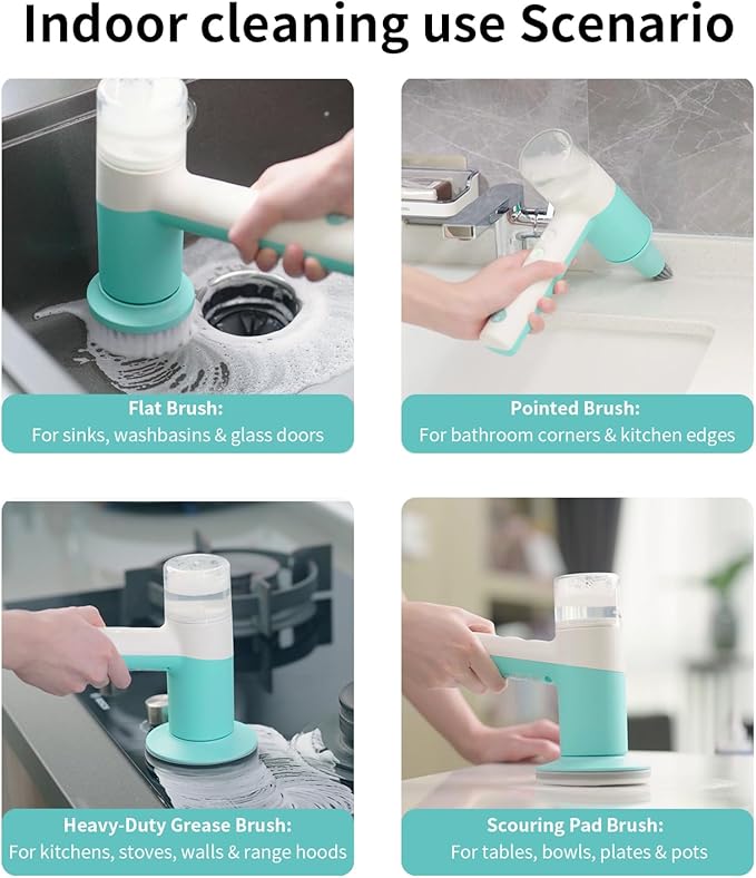 Dual-Rotation Electric Spin Scrubber, Cordless Shower Scrubber - IPX5 Waterproof Multi-Surface Cleaning Brush for Bathroom, Kitchen, Tile, Glass & More - Includes 4 Brush Heads
