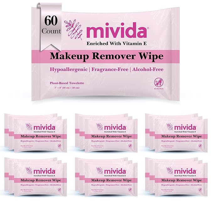 mivida 60 Count Hypoallergenic Individually Wrapped Makeup Remover Wipes with Vitamin E | Dermatologist Tested | Alcohol-Free, Fragrance-Free makeup remover wipes individually wrapped