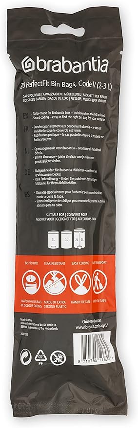 Brabantia PerfectFit Trash Bags (Size V/0.5-0.8 Gal) Thick Plastic Trash Can Liners with Drawstring Handles (200 Bags)