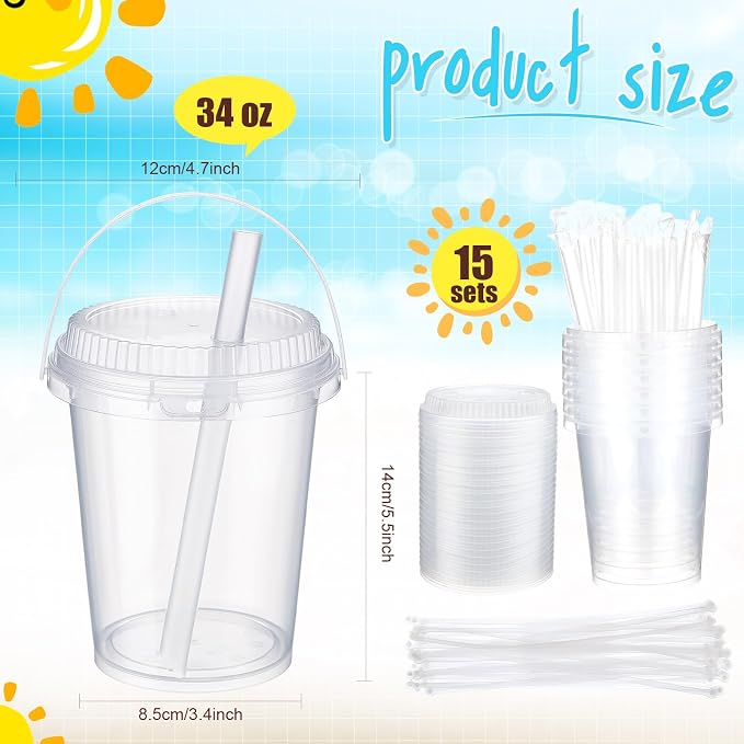 Funnymoom 15 Set 34 oz Clear Drink Buckets with Lids and Straws, Disposable Plastic Rum Cocktail Pails with Handles Large Smoothie Cups for Adult Bachelorette Party Supplies Beach & Catering Events