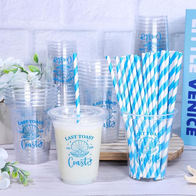 Whaline 50Pcs 12Oz Last Toast on The Coast Disposable Plastic Cups with Lids and Straws Blue Coastal Bachelorette Cold Beverage Drinking Cup for Beach Wedding Bridal Shower