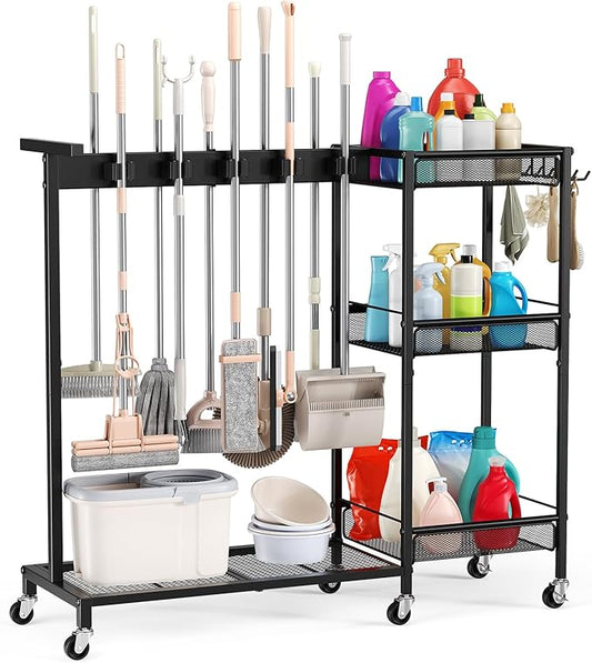 Broom Holder with Cleaning Supplies Organizer, Cleaning Utility Cart on Wheels, 10 Clips & 7 Hooks, 3-Tier Shelves, Broom Closet Storage Cabinet with Cleaning Caddy for Home Commercial Use