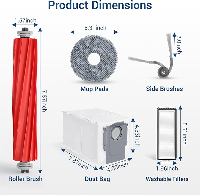 26Pcs Replacement Parts Accessories for Roborock Qrevo S Pro/QV 35A/ QV 35S Robot Vacuum Kit, 2 Main Brush, 4 Hepa Filter, 6 Mop Pads, 6 Side Brush, 6 Dust Bags, 1 Screwdriver, 1 Clean Tool