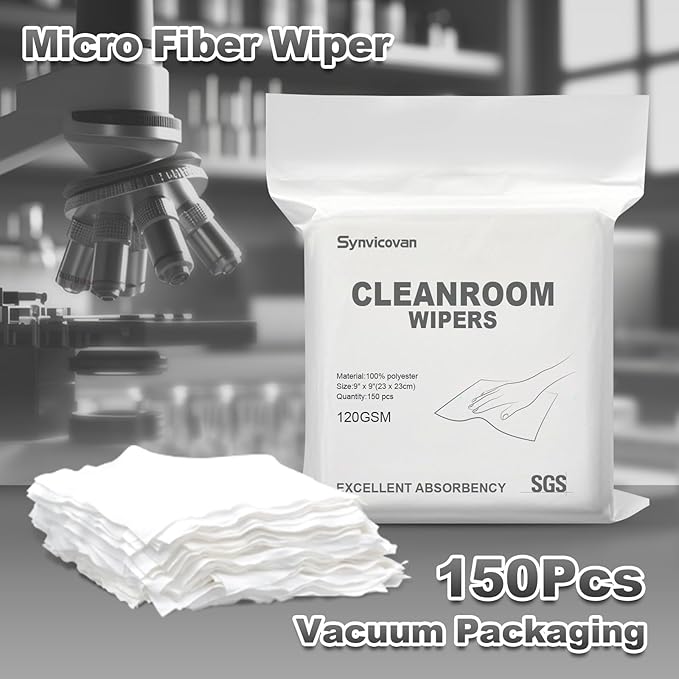 Cleanroom Wipers 9"x9"(150 Pcs, 100% Polyester, Class 100, 120GSM) Double Knit 100% Lint Free Cloths with Ultra-fine Filaments, Laser Sealed Edge Ultra-Soft Wipers