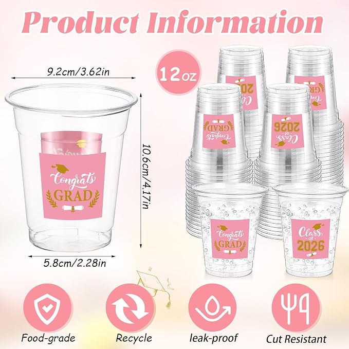 Amyhill 60 Pack 12oz Graduation Cups 2026 Graduation Decorations Disposable Plastic Cups Sturdy&Durable Drinkware for Class of 2026 Decorations Congrats Grad Party Favors Supplies (Pink)