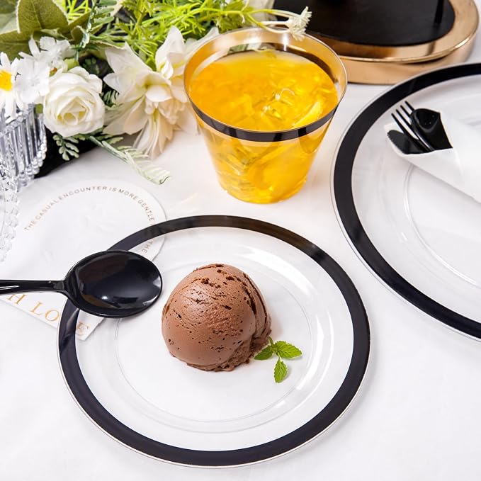 Liacere 350PCS Clear Black 350PCS Disposable Dinnerware Set for 50 Guests- 100 Plastic Plates, 50 Pre rolled Black Silverware,50 Plastic Cups for Wedding & Party & Graduation& 4th of July