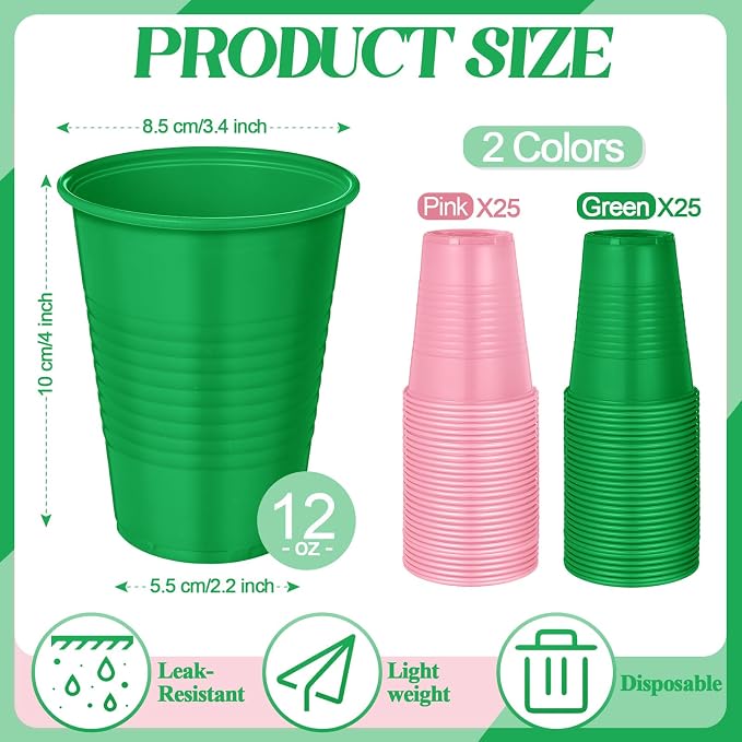 Funnymoom 50 Pcs Disposable Plastic Pink and Green Cups 12 oz Sorority Party Beverage Cups for Witch and Princess Themed Birthday Watermelon Flamingo Party Supplies