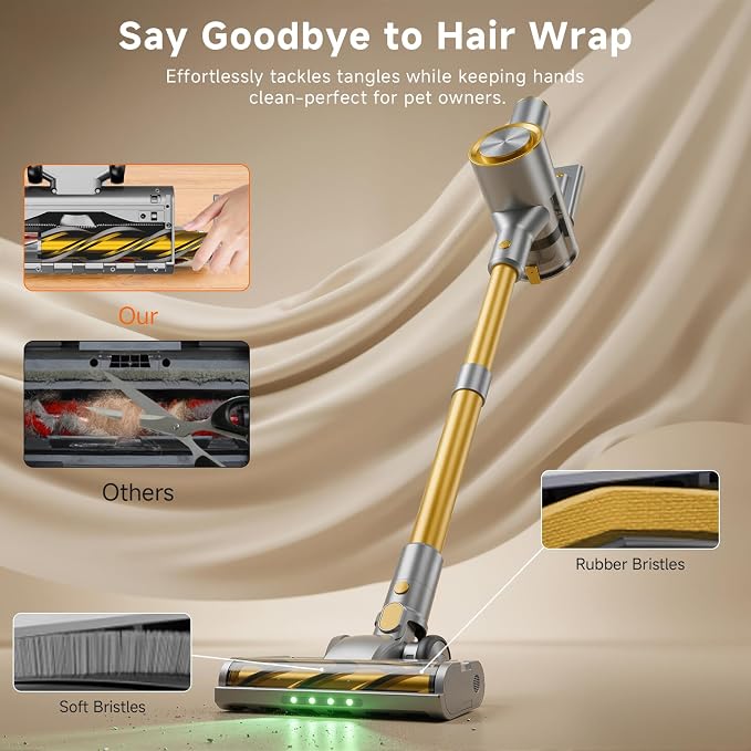 Cordless Stick Vacuum Cleaner - Rechargeable,40Kpa Powerful Suction Vacuum for Home,45Mins Runtime,Detachable Battery,Anti-Tangle, 8 in 1 Lightweight Vacuum for Pet Hair Carpet Hardwood,Yellow
