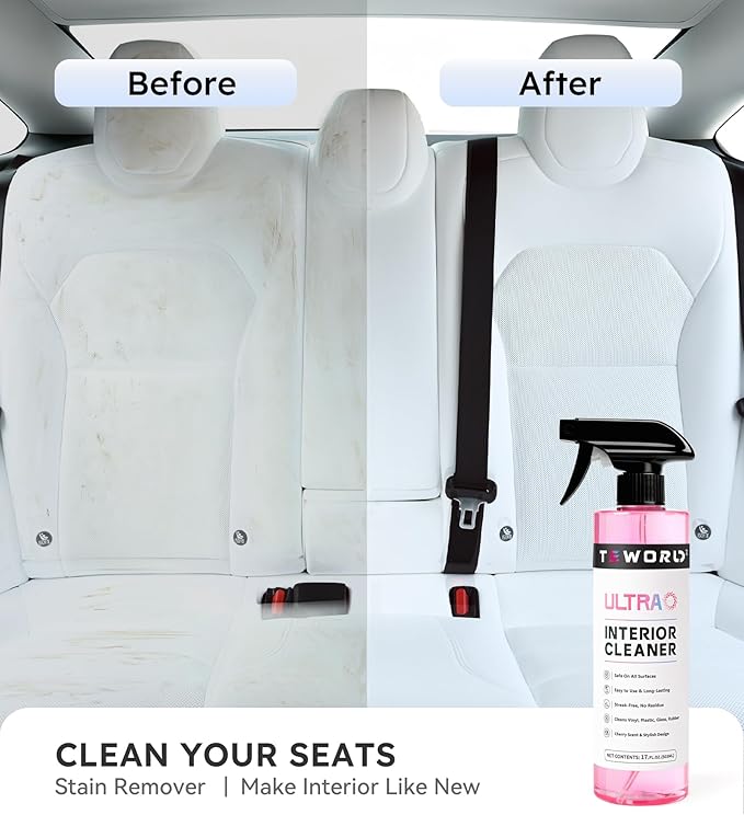 Tesla Seat Cleaner & Stain Remover, Interior Cleaner for White & Black Vegan Leather, Interior Cleaning Kit for Seats, Console, Dash, Model 3, Y, S, X, Cybertruck Accessories (Cherry Pink)