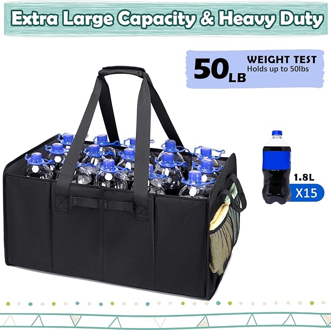 Extra Large Utility Tote Bag with Wire Frame Collapsible Reusable Grocery Bags Heavy Duty Shopping Bags for Groceries with Handles Trunk Organizer for Beach Travel Picnics Camping Laundry