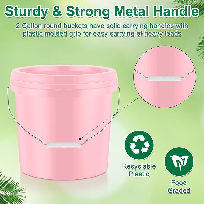 Tioncy 10 Pcs 2 Gallon Plastic Bucket with Lid Heavy Duty 2 Gallon Bucket Pail with Lid Handle for Storage Container Home Household Cleaning (Light Pink)