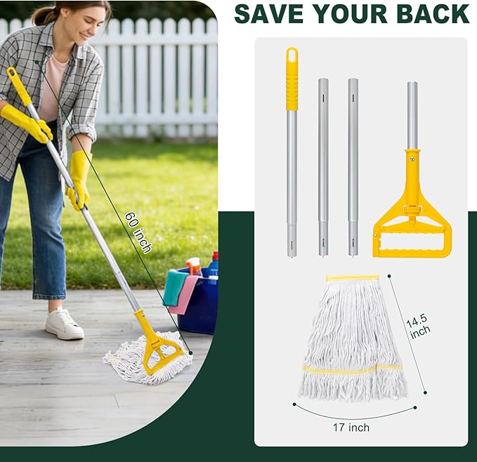 KeFanta Commercial Mop Heavy Duty Industrial Wet Mops,Looped-End String Cotton Mop Replacement Head with 59" Long Handle,for Home,Kitchen,Garage,Office,Workshop,Warehouse Floor Cleaning(2 Pack)