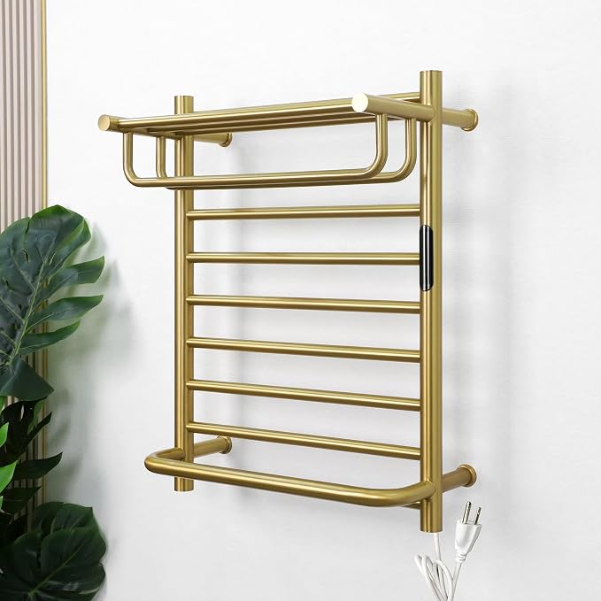 Heated Towel Racks for Bathroom Gold, Gold Towel Warmer Rack Wall Mounted with Top Shelf, Timer & Temperature Control Electric Towel Drying Rack (14 Bars with Top Shelf Brushed Gold A, Plug-in)