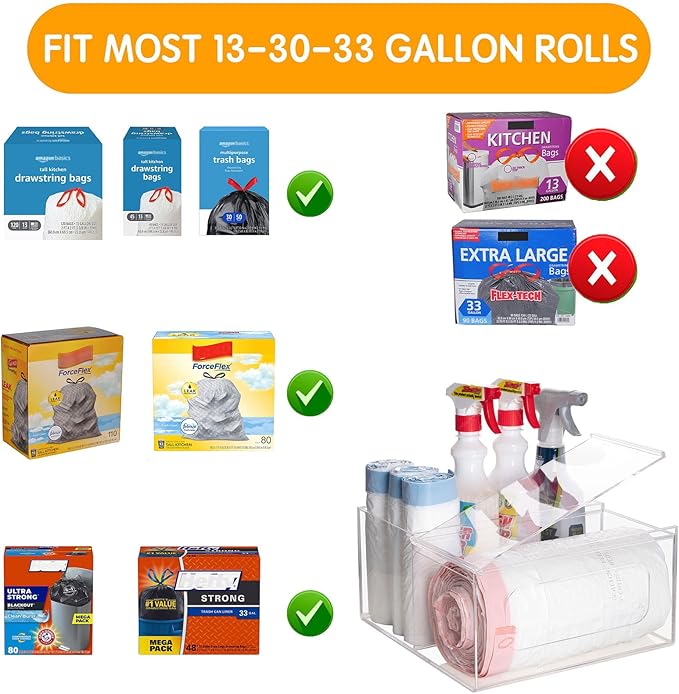 SEANADO Trash Bag Dispenser Roll Holder, Wall Mount Acrylic Kitchen Organizer Storage Box Holder for Garbage Bag Grocery Bag Plastic Bag Roll Container (Standard/2 in 1)