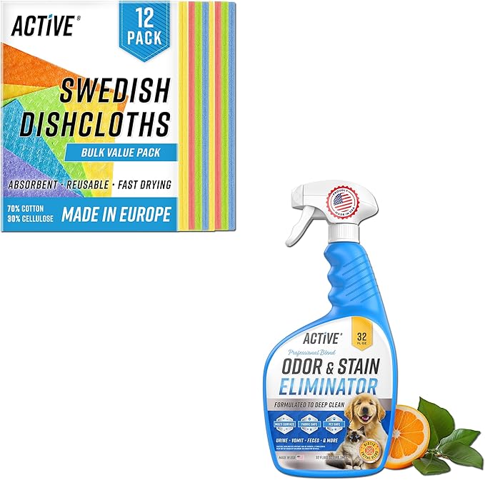 ACTIVE Swedish Dishcloths and Pet Odor and Stain Eliminator - Includes 12pk Sponge Cloths and 32oz Pet Enzyme Cleaner Spray