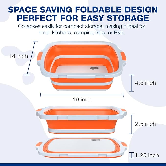 2-Pack XL Collapsible BBQ Prep Tub with Built-In Cutting Board, Lid & Strainer – Marinate, Drain & Prep – Large Food-Safe Container – Perfect for Grilling, Smoking & Outdoor Cooking
