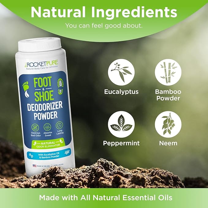 Rocket Pure Natural Foot and Shoe Deodorizer Powder, Deodorant and Odor Eliminator for Men and Women, Smell Remover, Formulated with Essential Oils, Made in the USA, Eucalyptus, 4 oz, (Pack of 2)