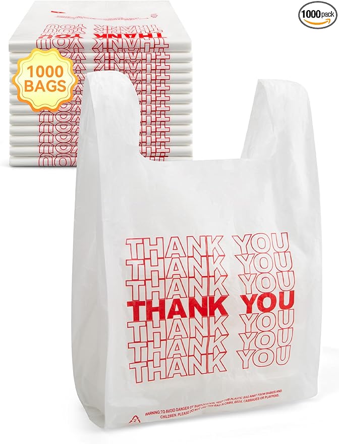 UMT Plastar 1000 Count White Thank You Plastic T-Shirt Bags with Handles, 10.5" x 5.5" x 17.5" (1/8 Size), 14 Mic Grocery Bags for Retail, Shopping, Takeout, Convenience Stores & Small Trash Bags