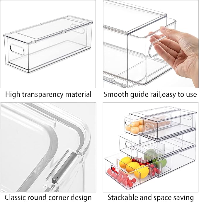 4 pack Stackable Fridge Drawers Pull-Out Bins Divided Produce Saver Containers for Refrigerator Storage Organizers for Veggie Fruit Berry Pantry Cabinet Makeup Clothes
