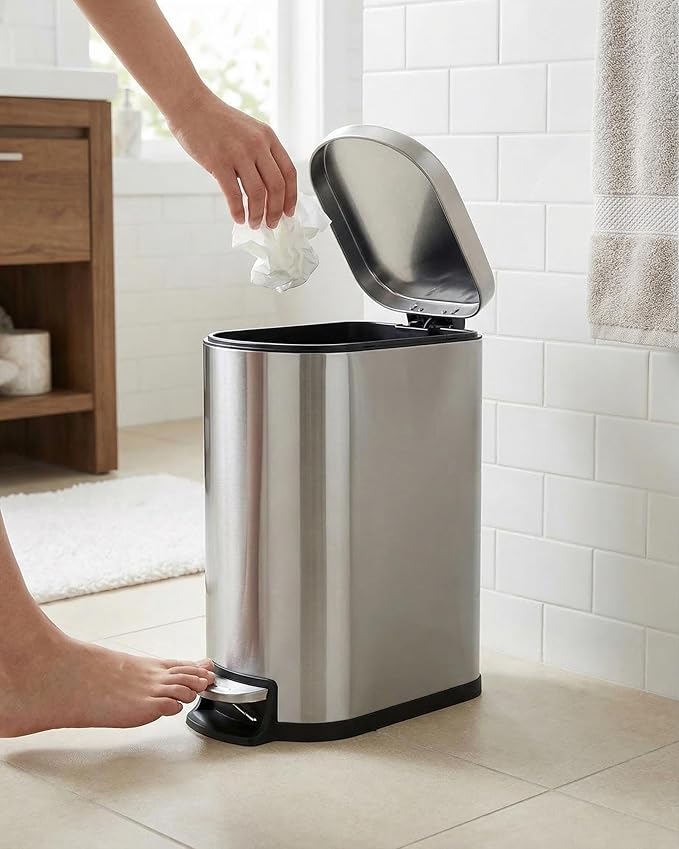 Bathroom Trash Can with Lid,2.6 Gallon / 10L Small Garbage Can, Slim Step-on Metal Trash Bin with Inner Bucket, Rear Handle, Soft Close Lid,Stainless Steel Wastebasket for Bathroom, Bedroom, Office