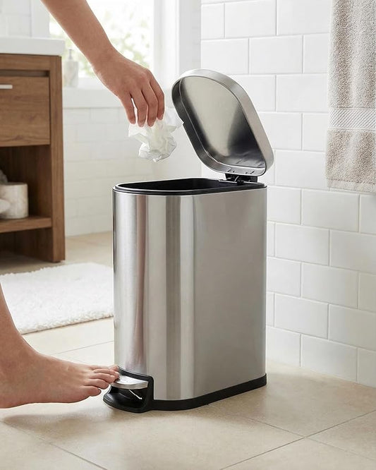 Bathroom Trash Can with Lid,2.6 Gallon / 10L Small Garbage Can, Slim Step-on Metal Trash Bin with Inner Bucket, Rear Handle, Soft Close Lid,Stainless Steel Wastebasket for Bathroom, Bedroom, Office