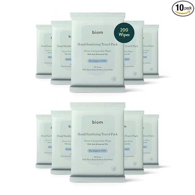 Biom Hand Sanitizing Wipes - Travel Size 10 pack(200 Wipes) 65% Ethanol Alcohol, Kills 99.9% of Germs, Removes Dirt & Grime, Made of Plant-Based & Plastic Free Fibers, Hypoallergenic -Eucalyptus Chill
