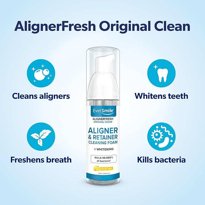 EverSmile AlignerFresh Original Clean Foam – Cleaner for All Clear Aligners & Retainers – Whitens Teeth, Fights Bad Breath – Lemon Zest, 50ml (1 Pack)